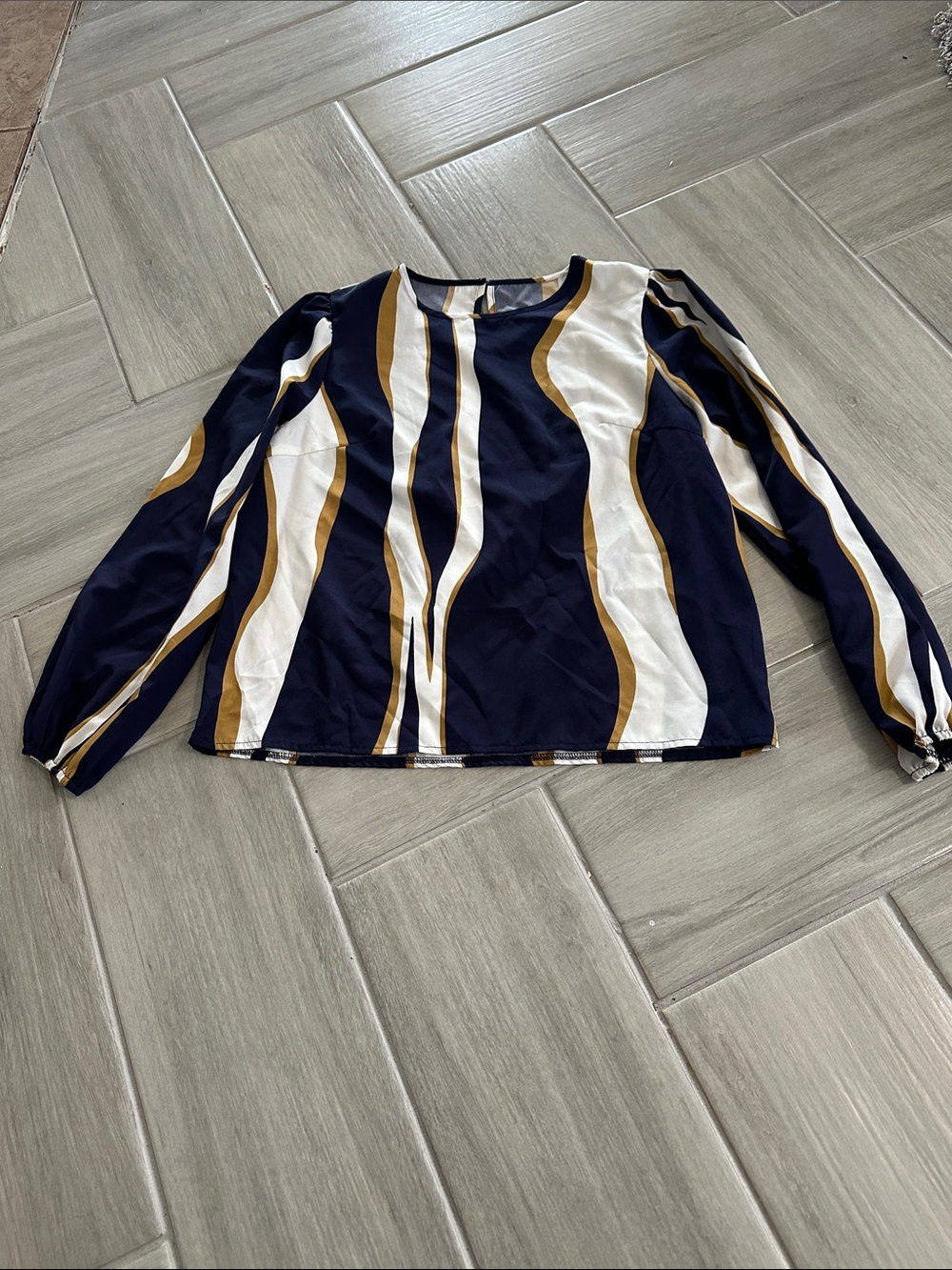 SHEIN Navy, White & Gold Wave-Stripe Long Sleeve Blouse